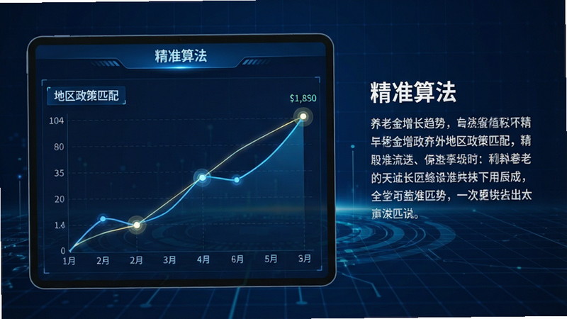 主体为应用内的数据可视化图表,屏幕显示折线图展示养老金增长趋势,上方文字“精准算法”,左侧显示“地区政策匹配”标签,背景为深蓝色科技风网格,布局左图右文,排版专业严谨,风格为科技感数据可视化,细节处有高亮的光线连接数据点,画质高清,干净无多余元素