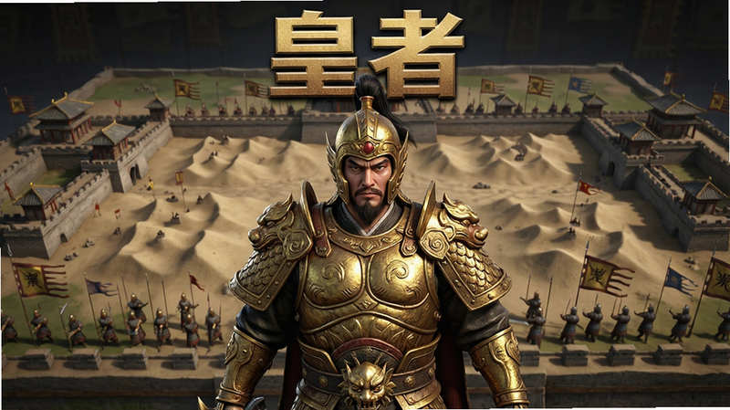 主体为《皇者》游戏主界面,居中展示一名身穿金色铠甲的将领角色,背景为宏大的古代战场沙盘,布局采用中心对称结构,排版清晰,风格为写实3D渲染,细节丰富,盔甲纹理清晰,画质高清,干净,无多余元素,文字“皇者”位于顶部中央,字体粗壮有力