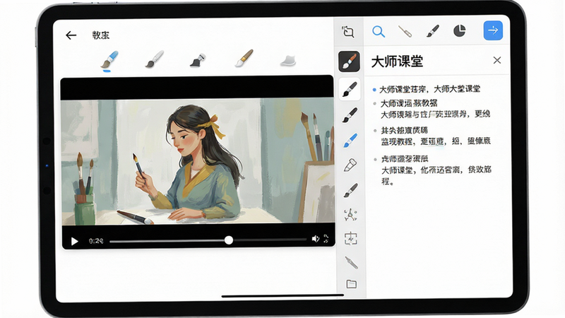 主体为平板电脑屏幕,显示绘画教程视频界面,布局为左侧视频播放区,右侧为工具栏与笔记区,排版紧凑高效,风格为专业教育软件界面,细节包含画笔工具图标与进度条,文字显示“大师课堂”,画质清晰,干净,无多余元素