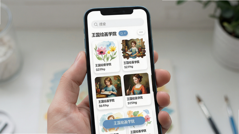 主体为手机屏幕显示“王国绘画学院”APP界面,布局采用垂直滚动流,顶部为搜索栏,中部展示精美的水彩与油画教程卡片,排版整齐有序,风格为清新简约的现代UI设计,细节包含柔和的阴影效果与圆润的按钮,文字清晰显示“王国绘画学院”,画质高清,干净,无多余元素