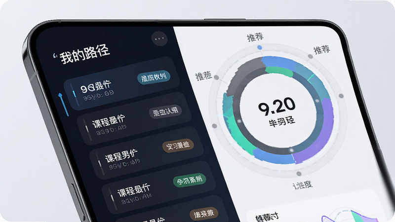 主体为手机界面,显示个性化学习路径图表,布局为左侧课程列表,右侧为进度环形图,排版数据可视化风格,风格为科技感与艺术感结合,细节包含进度百分比与推荐标签,文字显示“我的路径”,画质高清,干净,无多余元素