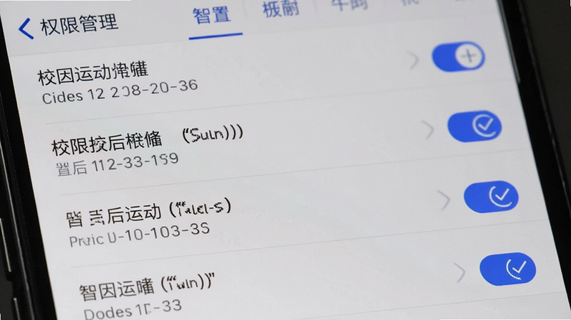 主体为手机设置界面截图,布局展示权限管理列表,排版清晰,风格系统原生,细节显示位置与后台权限勾选状态,画质清晰,文字“智因运动”加引号