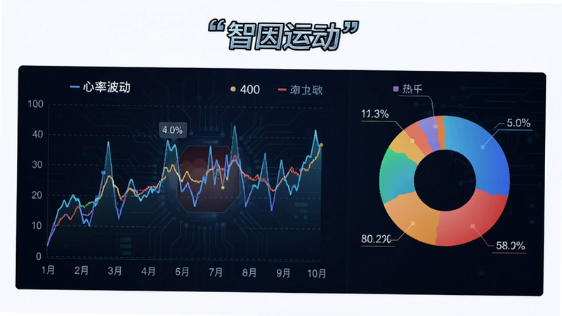 主体为数据可视化图表,布局包含折线图与饼图,排版严谨,风格商务科技,细节展示心率波动与热量分布,画质清晰无噪点,文字“智因运动”加引号