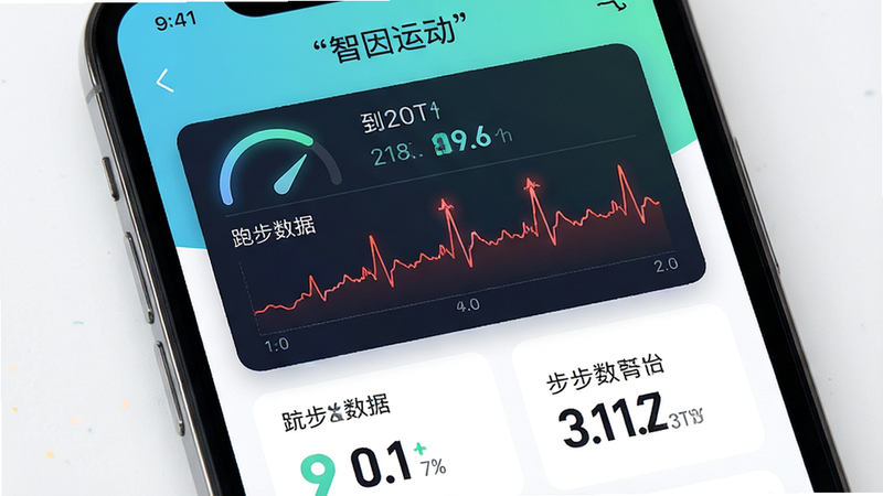 主体为手机屏幕显示智因运动APP界面,布局清晰包含仪表盘与跑步数据,排版简约现代,风格科技清新,细节展示心率曲线与步数统计,画质高清干净,无多余元素,文字“智因运动”加引号