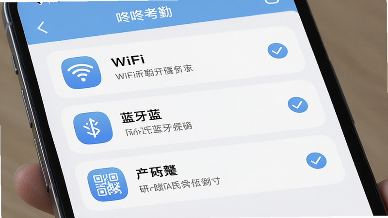 主体为手机功能选择界面,显示“咚咚考勤”多种打卡方式选项,布局为垂直列表,包含WiFi、蓝牙、二维码图标。风格为简洁UI设计,色彩柔和,细节包含每个选项的简短说明与勾选状态,画质高清,干净,无多余元素