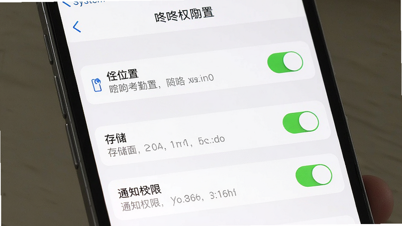 主体为手机设置界面,显示“咚咚考勤”权限设置页面,布局为垂直列表,包含位置、存储、通知权限选项。风格为系统设置UI,细节包含权限开关状态与说明文字,画质高清,干净,无多余元素