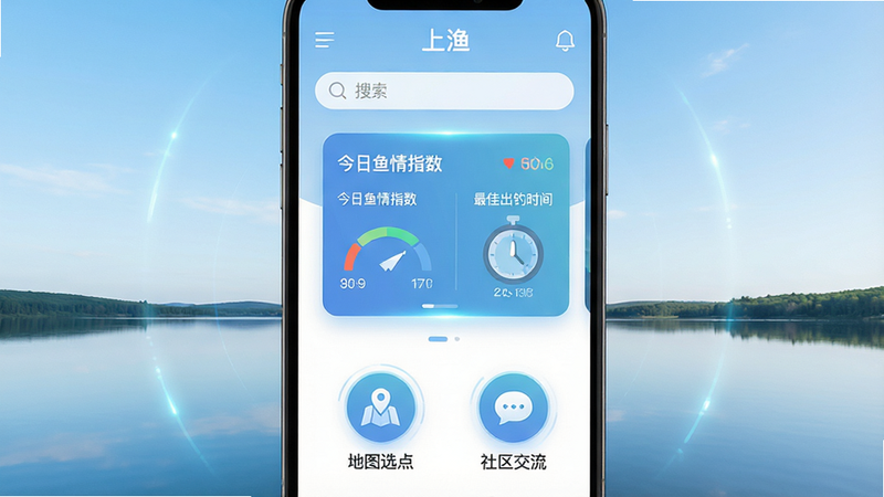 一张高清手机屏幕界面图,主体显示“上渔”APP主界面,背景为淡蓝色天空与湖面倒影,布局包含顶部搜索栏、中部大卡片显示“今日鱼情指数”与“最佳出钓时间”,底部有“地图选点”与“社区交流”两个圆形图标,风格为现代扁平化UI设计,细节处带有微弱的科技光晕,画质清晰,干净无多余元素