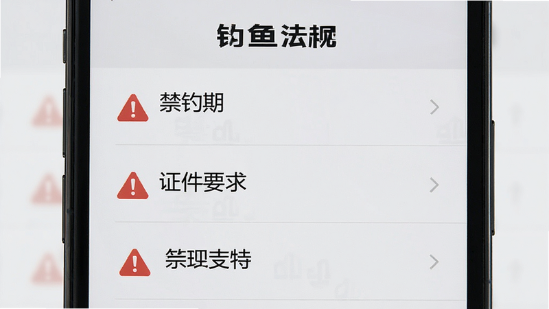 手机界面显示“钓鱼法规”列表,包含“禁钓期”、“证件要求”等条目,背景为浅灰色,布局清晰,风格严肃,细节包含警示图标,画质清晰,干净无多余元素