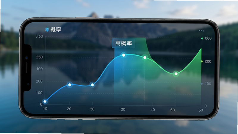 手机界面展示鱼情预测曲线图,图表为蓝色与绿色渐变折线,标注“高概率”区域,背景为模糊的湖边景色,布局居中,风格科技感强,细节包含数据节点高亮,画质锐利,干净无多余元素