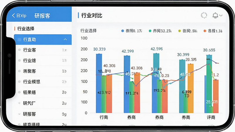 手机屏幕显示“研报客”APP的“行业对比”模块,界面左侧是行业选择列表,右侧是柱状图对比不同券商的评级分布,图表颜色鲜艳易读,布局左右分栏,风格专业商务,细节处有数据标签,画质清晰,无杂乱元素