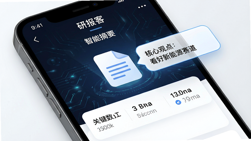 手机界面特写,展示“研报客”APP中的“智能摘要”功能页面,屏幕中央是一个文档图标,旁边弹出气泡显示“核心观点:看好新能源赛道”,下方列出3个关键数据点,排版整齐,背景干净,风格科技感强,细节清晰,画质纯净