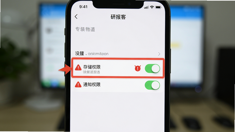 手机屏幕显示“研报客”APP的设置界面,重点高亮显示“存储权限”和“通知权限”开关,背景模糊处理突出主体,布局居中,风格清晰指引,细节有红色警示图标,画质清晰,无干扰元素