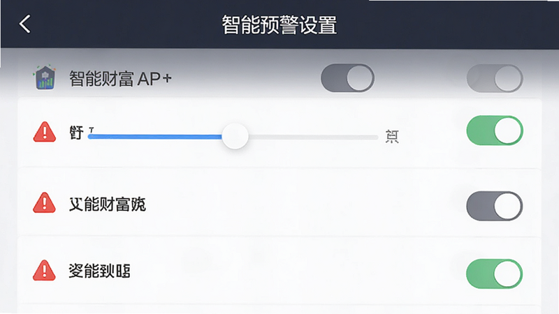 主体为东亚财富APP的智能预警设置页面,布局为列表式选项,包含滑块与开关控件,排版直观易读,风格专业严谨,细节处有红色警报图标点缀,画质清晰,干净,无多余元素