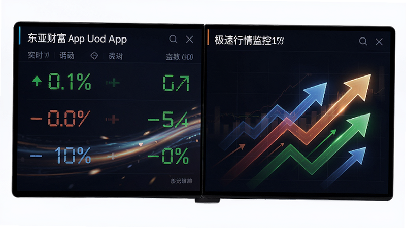 主体为东亚财富APP内的极速行情监控界面,布局为双屏对比模式,左侧显示实时跳动数字,右侧为趋势箭头,排版紧凑高效,风格速度感强烈,细节处有动态光效,画质锐利,干净,无多余元素