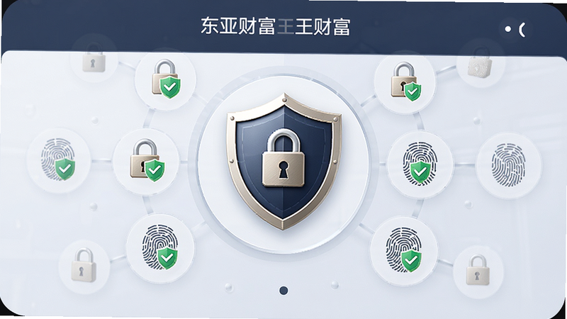 主体为东亚财富APP的安全中心界面,布局为盾牌图标居中,周围环绕锁形与指纹图案,排版对称平衡,风格稳重可信,细节处有绿色安全标识,画质高保真,干净,无多余元素