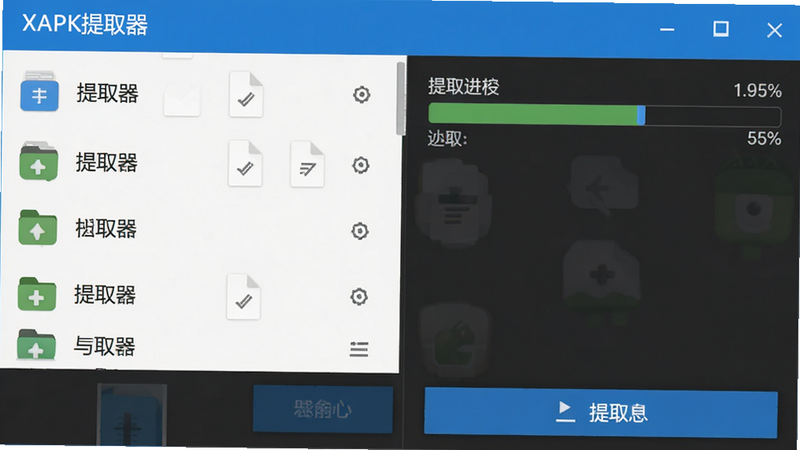 主体为XAPK提取器安卓应用界面,布局清晰,左侧显示文件列表,右侧展示提取进度条,顶部有蓝色标题栏写着