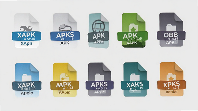 主体为文件格式图标集合,布局呈网格状排列,展示XAPK、APKS、APK、OBB等文件类型图标,背景为浅灰色,风格简洁现代,细节包含文件扩展名标签,画质清晰,干净,无多余元素