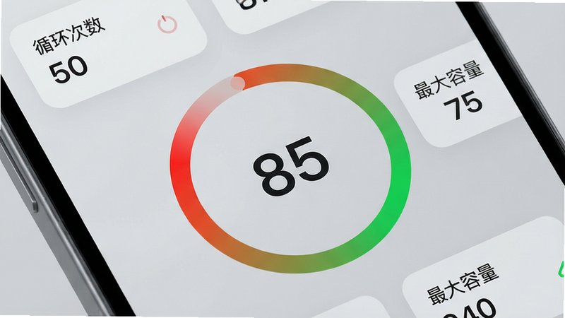 手机界面特写,展示环形进度条,颜色从红到绿渐变,中心显示数字85,周围分布“循环次数”、“最大容量”等数据模块,背景为浅灰色磨砂质感,排版整齐,风格简约现代,细节清晰,画质4K,干净,无多余元素
