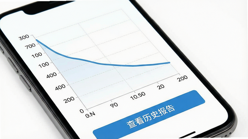 手机屏幕显示折线图表,横轴为时间,纵轴为健康百分比,曲线呈缓慢下降趋势,图表下方有“查看历史报告”按钮,背景纯白,排版清晰,风格商务简洁,细节包含坐标轴刻度,画质高清,干净,无多余元素