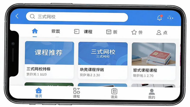 一张展示“三式网校”手机应用主界面的高清截图,布局清晰,顶部显示搜索栏和分类图标,中间是课程推荐卡片,底部是导航栏,风格为扁平化UI设计,色调以蓝色和白色为主,画质干净,无多余元素,包含文字“三式网校”