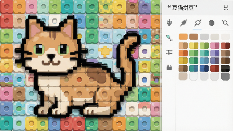主体为豆猫拼豆安卓应用界面全景图,布局采用左右分栏结构,左侧显示彩色拼豆网格画布,右侧为工具栏与色板,排版整洁有序,风格为扁平化UI设计,细节展示清晰的像素块与柔和阴影,画质高清,干净,无多余元素,文字包含