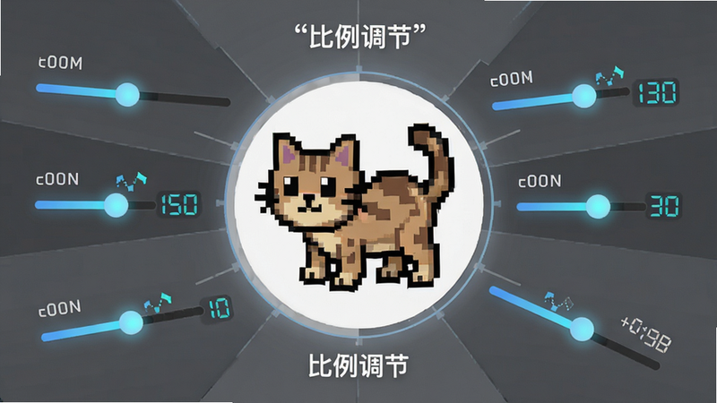 主体为豆猫拼豆比例调节功能演示界面,布局为中心辐射式,中心显示一个正在变形的像素画,周围环绕着比例滑块与数值显示,排版清晰直观,风格为科技感极简风,细节展示滑块的高亮状态与数值跳动效果,画质清晰,干净,无多余元素,文字包含