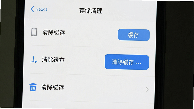 手机设置界面,主体为存储清理页面,布局简洁,排版列表式,风格扁平化,细节显示清除缓存按钮,画质清晰,干净无干扰,文字包含