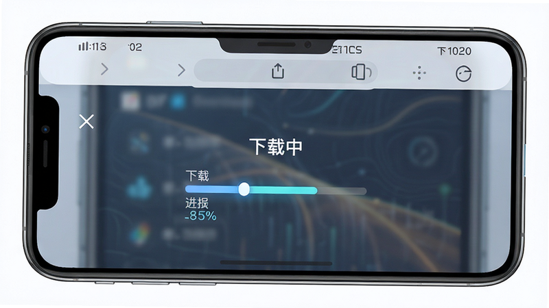 下载进度界面,主体为手机浏览器下载页面,布局居中,排版简洁,风格科技感,细节显示下载进度条,画质清晰,干净无水印,文字包含