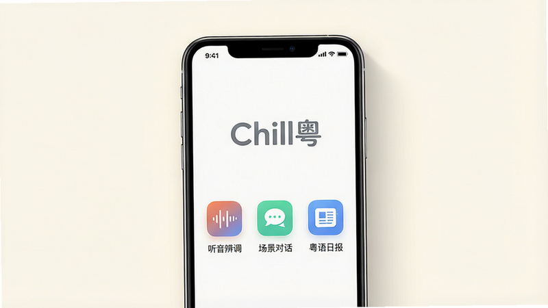 一张展示Chill粤应用主界面的高质量UI设计图,主体为手机屏幕,背景为柔和的米白色,屏幕中央显示“Chill粤”Logo及几个核心功能图标,如“听音辨调”、“场景对话”、“粤语日报”,布局整洁对称,风格为现代极简主义,细节处有轻微的阴影效果增加立体感,画质清晰,无多余装饰元素