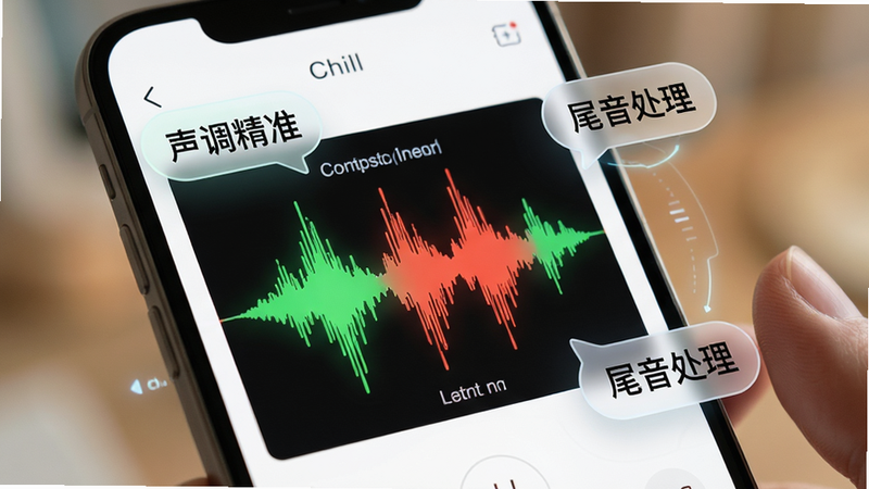 特写镜头展示Chill粤的发音矫正界面,手机屏幕上显示一个动态的声波波形图,波形呈现绿色和红色的对比,代表标准音和用户音的差异,周围环绕着几个气泡框,内含“声调精准”、“尾音处理”等文字提示,风格科技感与温馨感并存,细节丰富,背景虚化突出主体,高清画质,干净无杂乱