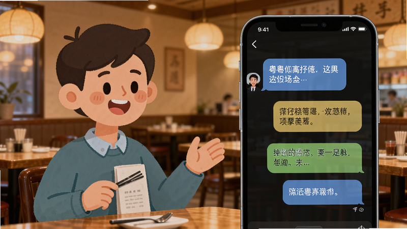 展示Chill粤场景对话功能的插图,画面左侧是一个卡通人物在模拟餐厅点餐,右侧是手机界面显示对话气泡,气泡中写着粤语文字,背景是温馨的餐厅环境,色调温暖柔和,构图平衡,人物表情生动,细节描绘细腻,风格为扁平化插画与写实结合,高清,无多余水印