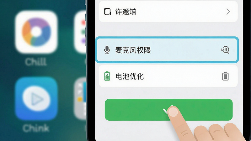一张手机设置界面的示意图,高亮显示“麦克风权限”和“电池优化”选项,界面简洁清晰,手指图标正在点击确认按钮,背景为模糊的Chill粤应用图标,风格为扁平化UI设计,色彩明快,细节准确,高清无噪点,无多余文字