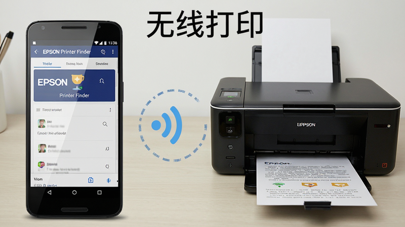 չʾ�ֻ����Ӵ�ӡ���ĳ����������һ����׿�ֻ���Ļ��ʾEpson Printer Finder���棬�Ҳ���һ̨��������ӡ�����ڳ�ֽ���м����������ӱ�ʾ���ߴ��䣬�������ҶԳƣ��Ű�ƽ�⣬���дʵ�����ϸ�ڴ���ֽ���������ֻ���Ļ���⣬���ʱ��棬���֡����ߴ�ӡ��λ���Ϸ�
