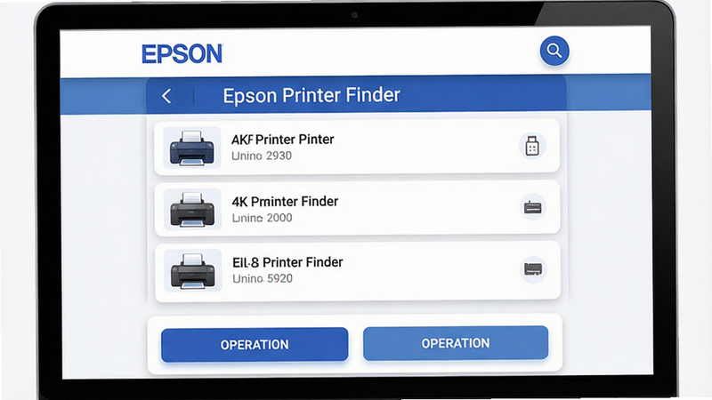 һ�Ÿ����UI�������ͼ��������Epson Printer Finder��Ӧ�������棬����������࣬������ʾ����Logo������ͼ�꣬�м��б�չʾ��̨�ѷ��ֵĴ�ӡ���豸���ײ��в�����ť������ִ���ƽ������ɫ���ɫΪ��ɫ����ϸ�ڴ��������Ӱ������4k���ɾ��޶���Ԫ�أ����֡�Epson Printer Finder�������ɼ�