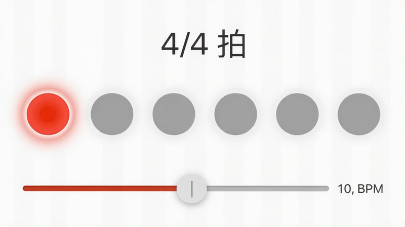 极简节拍器 节奏型设置界面,主体为横向排列的六个圆形节点,第一个节点高亮红色代表强拍,其余为灰色,上方显示文字