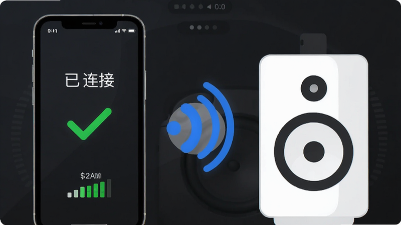 极简节拍器 蓝牙连接状态界面,主体为手机屏幕与蓝牙音箱的连接示意图,中间有蓝色无线信号波纹连接两者,手机屏幕显示