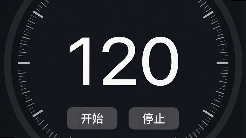 极简节拍器 APP 界面展示,主体为深色背景下的圆形数字表盘,中心显示大号白色数字