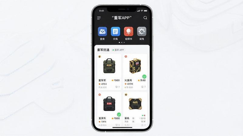 主体为重军APP手机界面展示,布局为全屏高清截图,排版整洁清晰,风格为现代简约科技风,细节包括顶部导航栏、核心功能图标、商品列表卡片,画质高清,干净,无多余元素,文字加引号“重军APP”