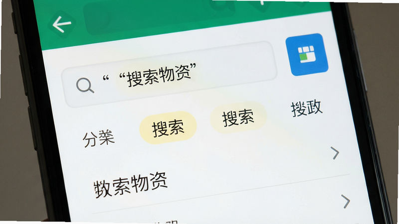 主体为手机搜索界面特写,布局为中心搜索框与下方分类标签,排版紧凑有序,风格为扁平化设计,细节显示搜索建议列表与高亮关键词,画质清晰,干净,无多余元素,文字加引号“搜索物资”