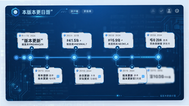 主体为版本更新日志界面,布局为时间轴形式,排版简洁,风格为科技蓝,细节显示各版本更新要点与日期,画质清晰,干净,无多余元素,文字加引号“版本更新”