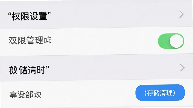 主体为手机设置界面截图,布局为列表式选项,排版清晰,风格为系统原生风,细节显示权限管理开关与存储清理按钮,画质清晰,干净,无多余元素,文字加引号“权限设置”