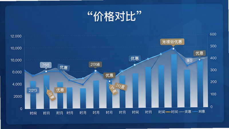 主体为价格对比图表界面,布局为柱状图与折线图结合,排版数据可视化,风格为商务蓝调,细节显示不同时间段的价格波动与优惠标签,画质细腻,干净,无多余元素,文字加引号“价格对比”