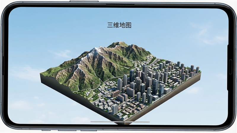 主体展示一部安卓手机,屏幕中央显示着高精度的三维城市地形模型,包含连绵的山脉和密集的建筑群,界面简洁现代,顶部有“三维地图”字样,背景为浅蓝色天空,布局居中,排版清晰,风格写实科技感,细节丰富,画质高清,干净,无多余元素