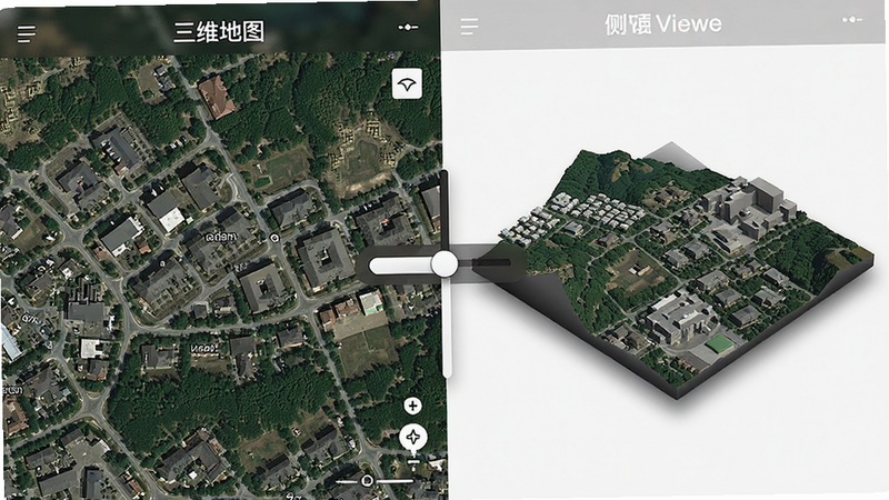 对比展示“三维地图”的卫星视图与三维视图,左侧是俯视的卫星影像,右侧是侧视的立体模型,中间有切换滑块,界面干净,主体突出,布局对称,排版工整,风格专业地理信息,细节丰富,画质锐利,干净,无多余元素