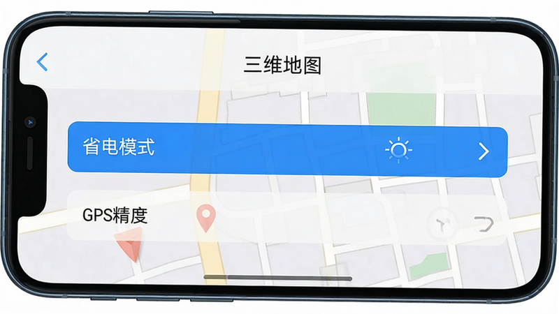 手机屏幕显示“三维地图”的设置页面,高亮显示“省电模式”和“GPS精度”选项,界面简洁,主体清晰,布局规整,排版清晰,风格扁平化,细节明确,画质高清,干净,无多余元素