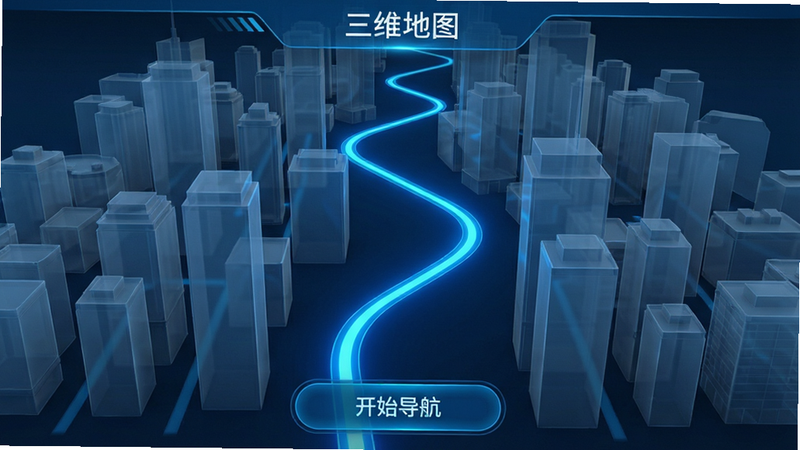 展示“三维地图”的路线规划界面,一条发光的蓝色线路蜿蜒穿过立体的城市峡谷,周围有半透明的建筑模型,界面下方有开始导航按钮,主体明确,布局紧凑,排版有序,风格科技蓝,细节精致,画质清晰,干净,无多余元素