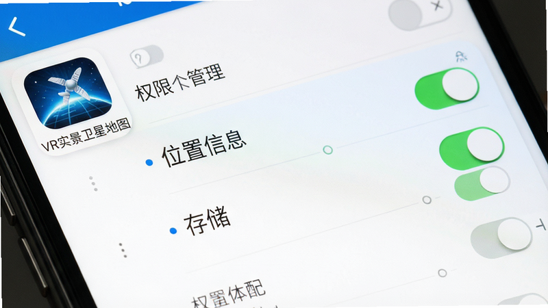 主体为手机设置界面,布局显示应用权限管理页面,中心高亮“位置信息”与“存储”权限开关,排版列表式,风格为系统原生UI,细节包含开关状态指示,画质清晰,干净,软件名称“VR实景卫星地图”图标在左侧