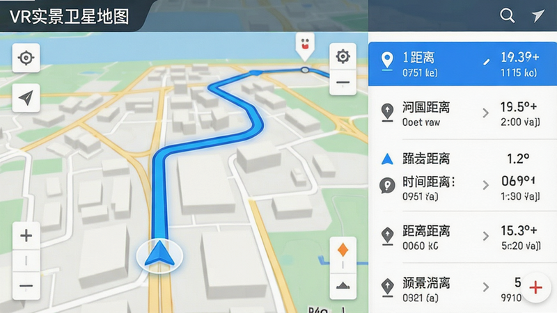 主体为导航界面,布局左侧为地图,右侧为路线列表,中心高亮显示蓝色导航路径,排版左右分栏,风格为现代扁平化,细节包含距离、时间预估图标,画质清晰,干净,软件名称“VR实景卫星地图”标识在左上角