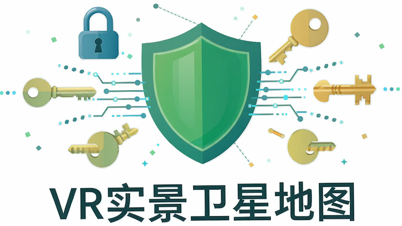主体为安全盾牌图标,布局中心为绿色盾牌,周围环绕锁与钥匙元素,排版对称,风格为扁平化插画,细节包含数据流线条,画质高清,干净,软件名称“VR实景卫星地图”文字在盾牌下方
