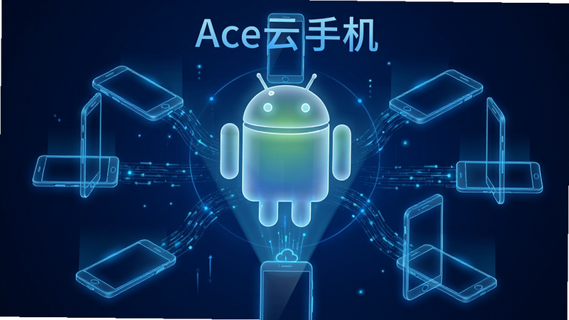 一张展示Ace云手机核心概念的高清插图。主体是悬浮在空中的半透明安卓机器人图标,周围环绕着多个发光的智能手机轮廓,象征着云端同步。布局采用中心放射状,排版简洁现代,风格为科技感蓝色调,细节包含流畅的数据流线条连接各个设备,画质4k,干净,无多余元素,文字显示